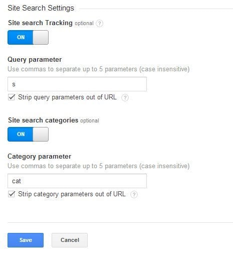 RBT Google Analytics Site Search Settings