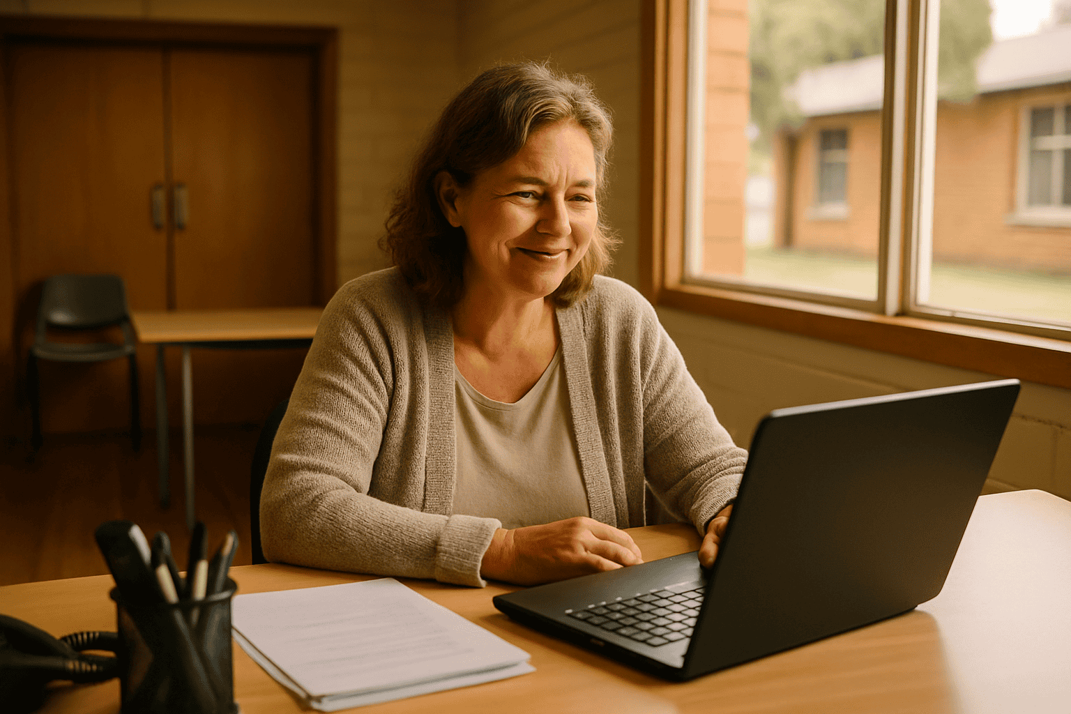 A regional Victorian community organisation manager smiling while checking her laptop at her desk