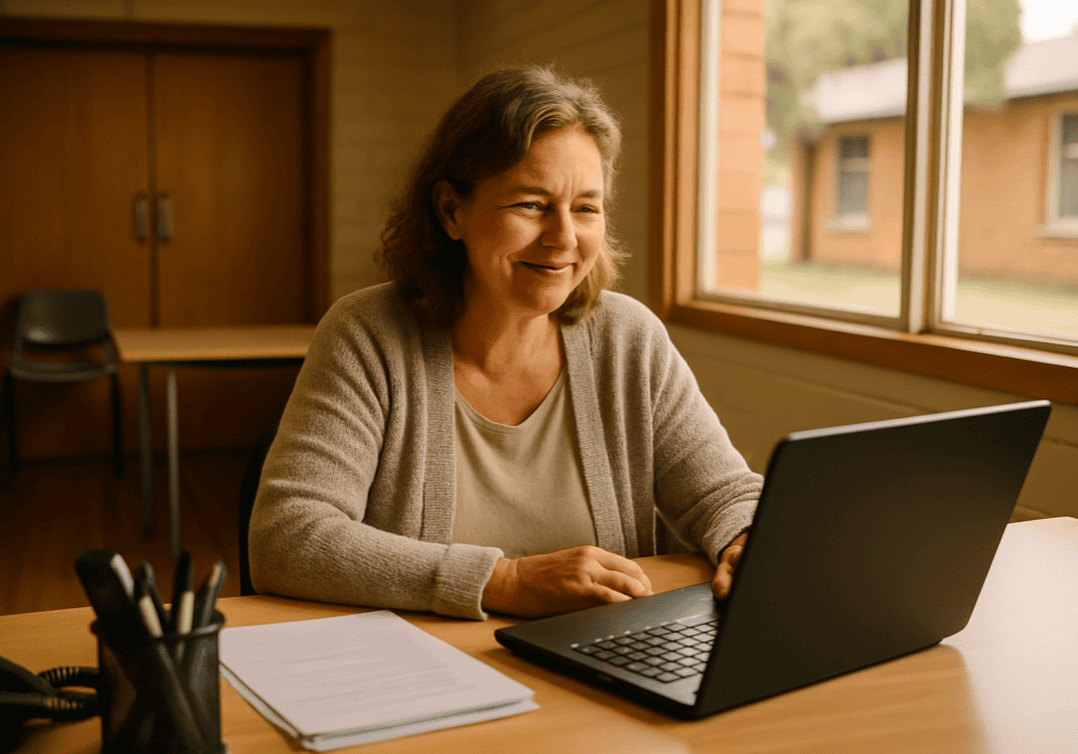 A regional Victorian community organisation manager smiling while checking her laptop at her desk